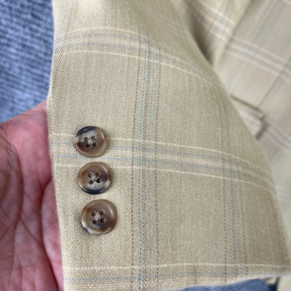 Alan Flusser Worsted Wool‎ Bamboo Plaid Blazer Sport Coat Tan Blue 46L Mens